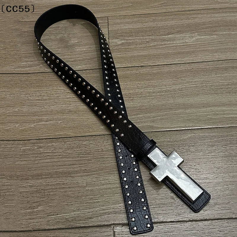 Gothic Punk Crackle Studded Metal Cross Belt for Women Gothic Studded Belt Qst