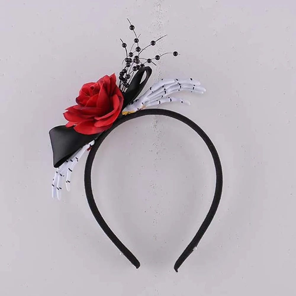 Red Rose Skeleton Hand Headband – Gothic Flower Hairband Halloween Headband Qme