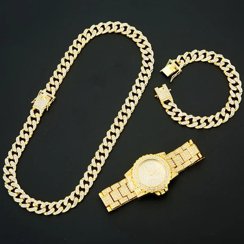 Men's 4-Piece Watch, Cuban Necklace, Bracelet & Cross Set Men's Jewelry Set Qme