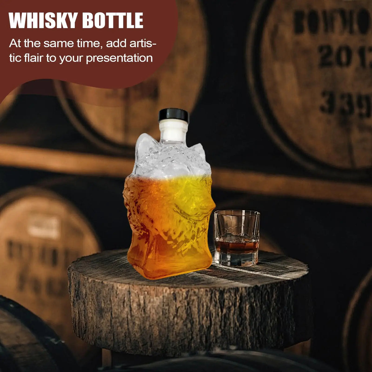 Wolf Head Glass Whiskey Decanter 350ml | Bar Gift Glass Whiskey Decanter Qme