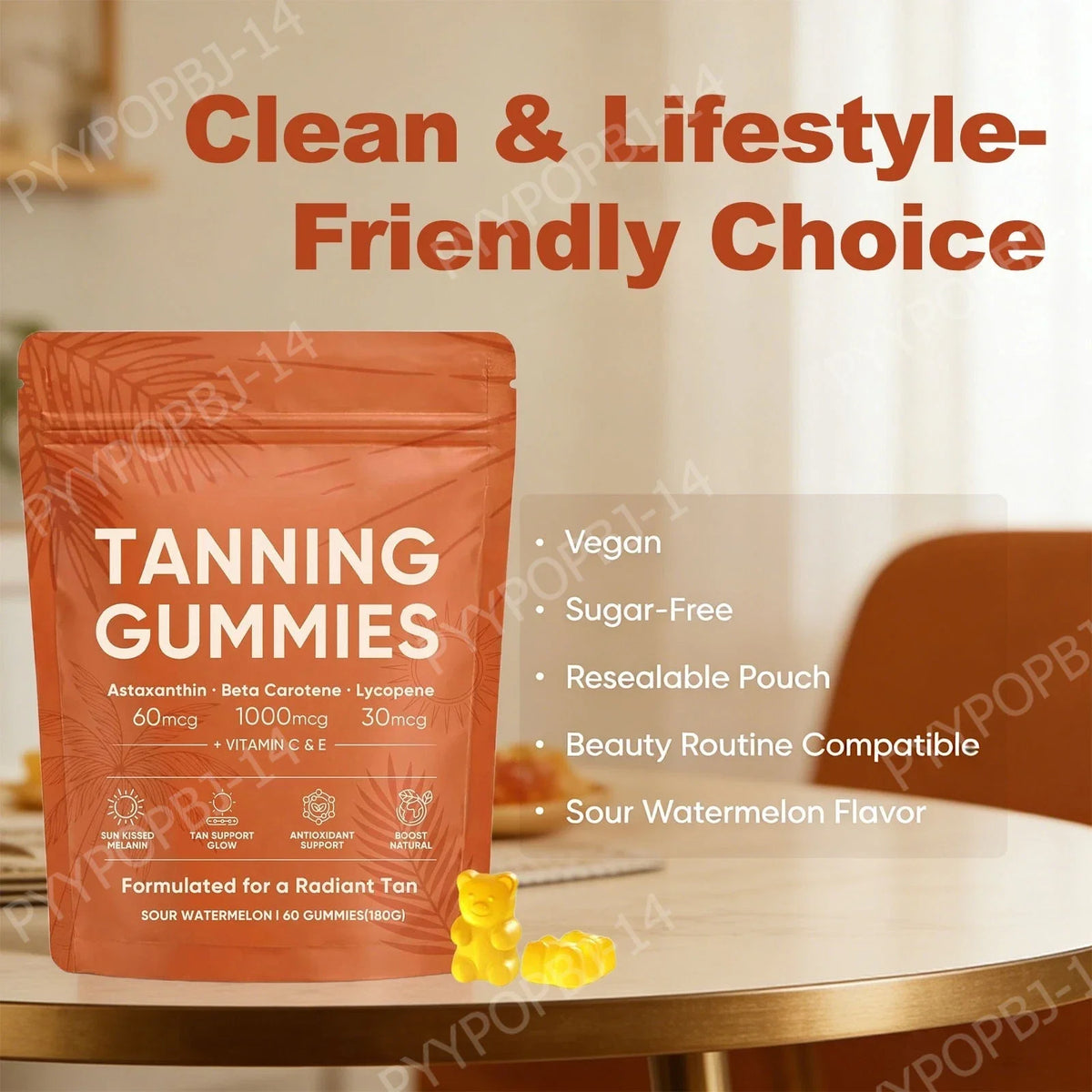 Tanning Gummies Sour Watermelon 60ct – Vegan Sugar-Free Tanning Supplement Qst