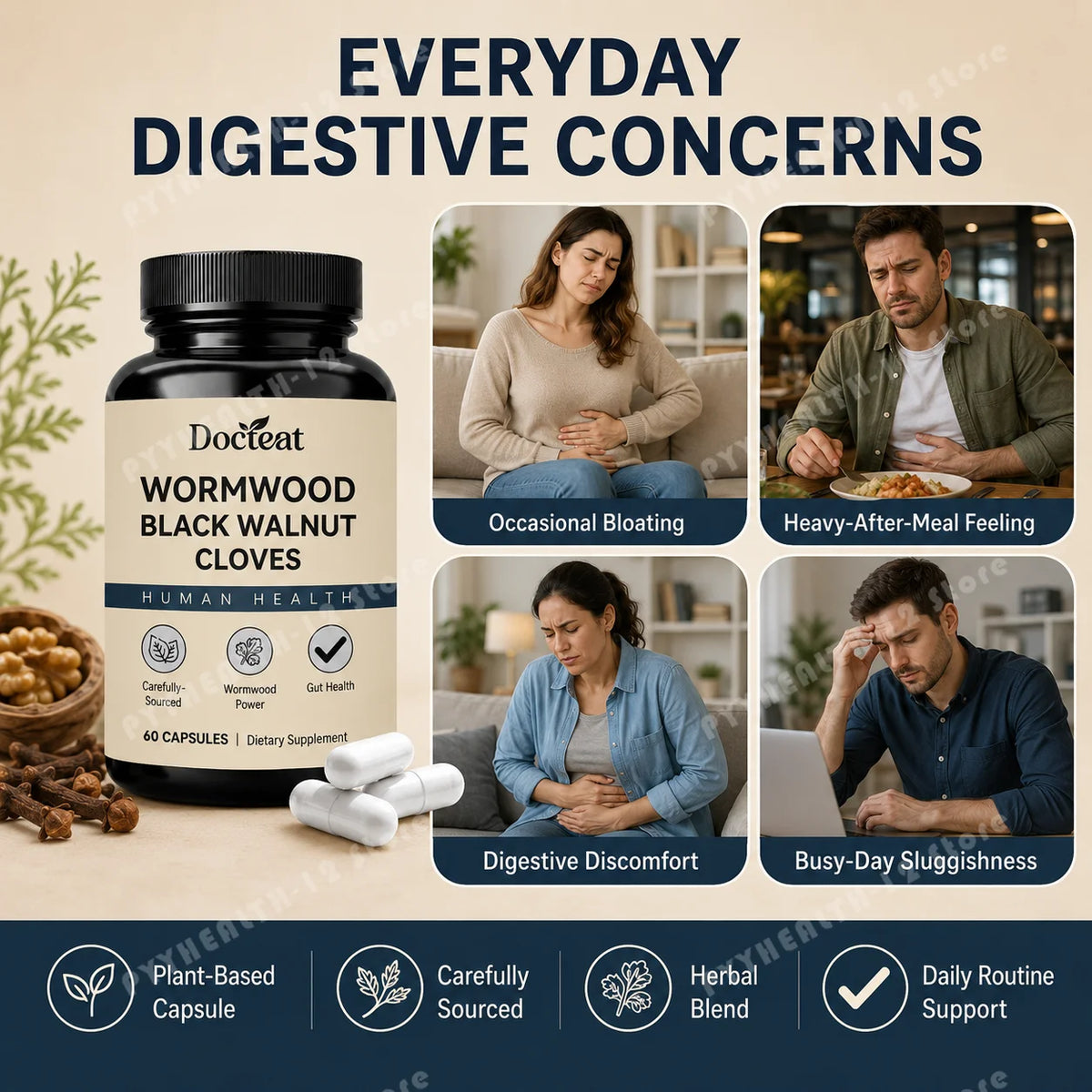 Wormwood Black Walnut Cloves Capsules 60ct | Herbal Blend Herbal Supplement Qst