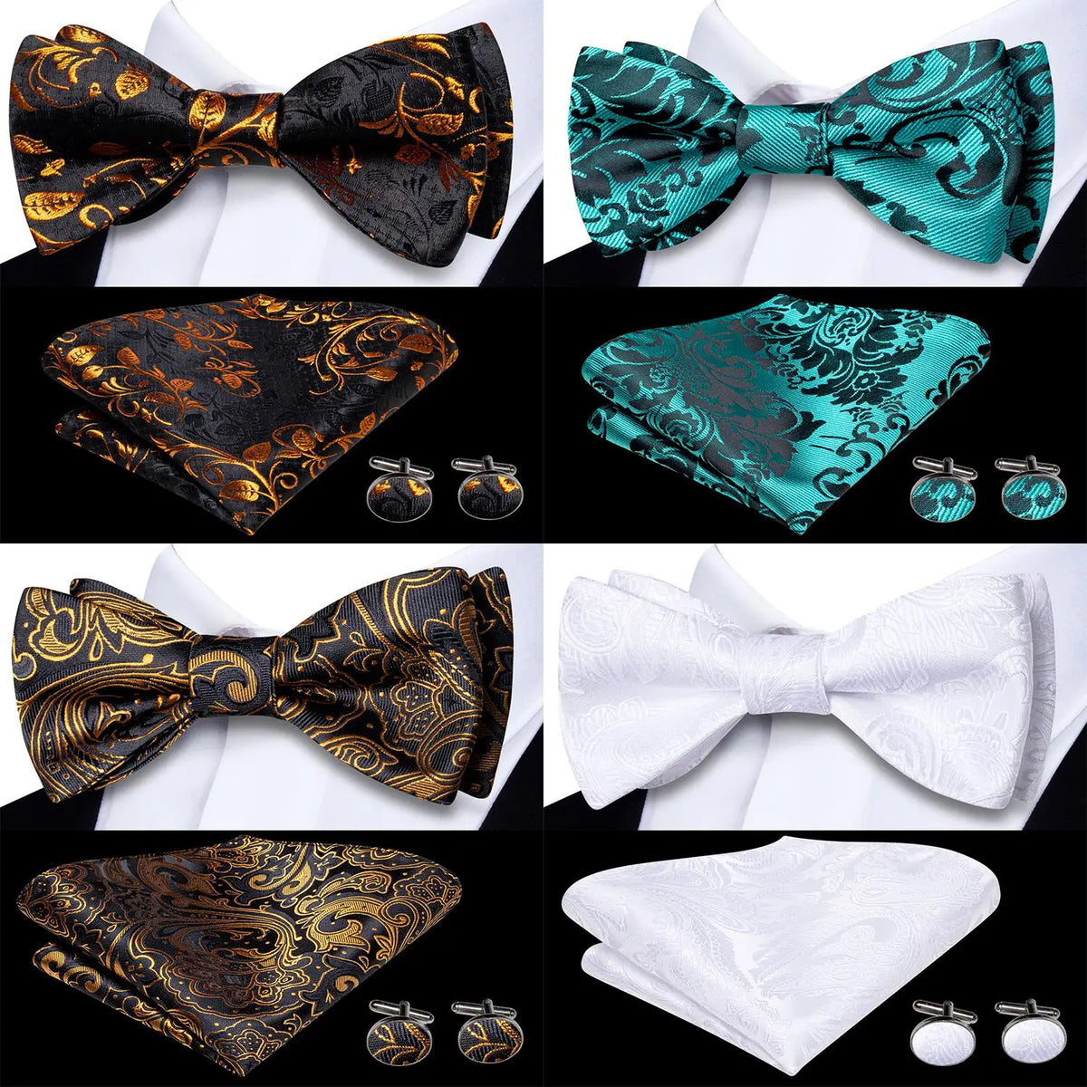 Hi-Tie Men's Paisley Jacquard Bow Tie, Handkerchief & Cufflinks Bow Tie Gift Set Qme