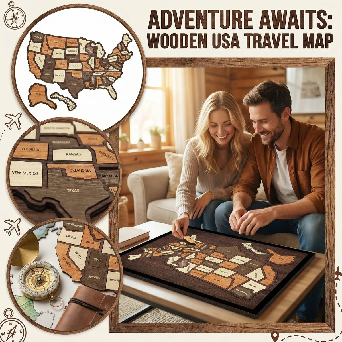 Wooden USA Travel Map Puzzle | Record Journeys & Display Wooden Map Puzzle Qme