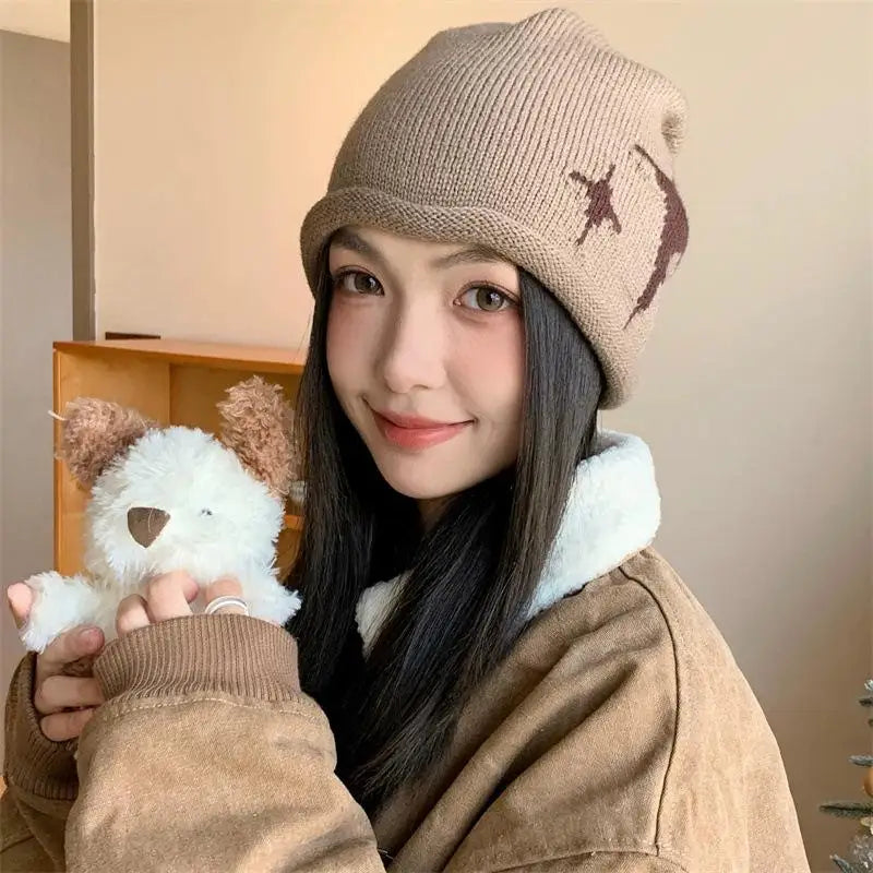 Star Pattern Drawstring Knit Beanie – Women's Winter Hat Knit Beanie Hat Qst
