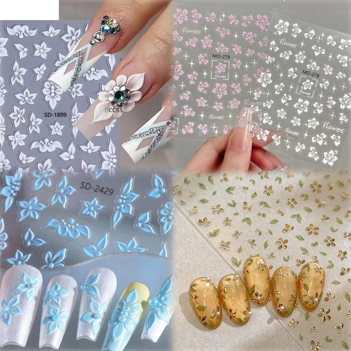 5D Embossed Flower Nail Stickers – Floral Petal Designs Nail Art Stickers Qst