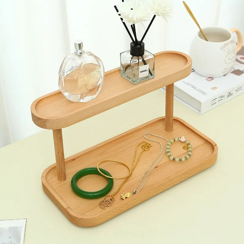 Wooden Double-Layer Tray Rack – Cosmetics & Jewelry Storage Desktop Storage Rack Qme