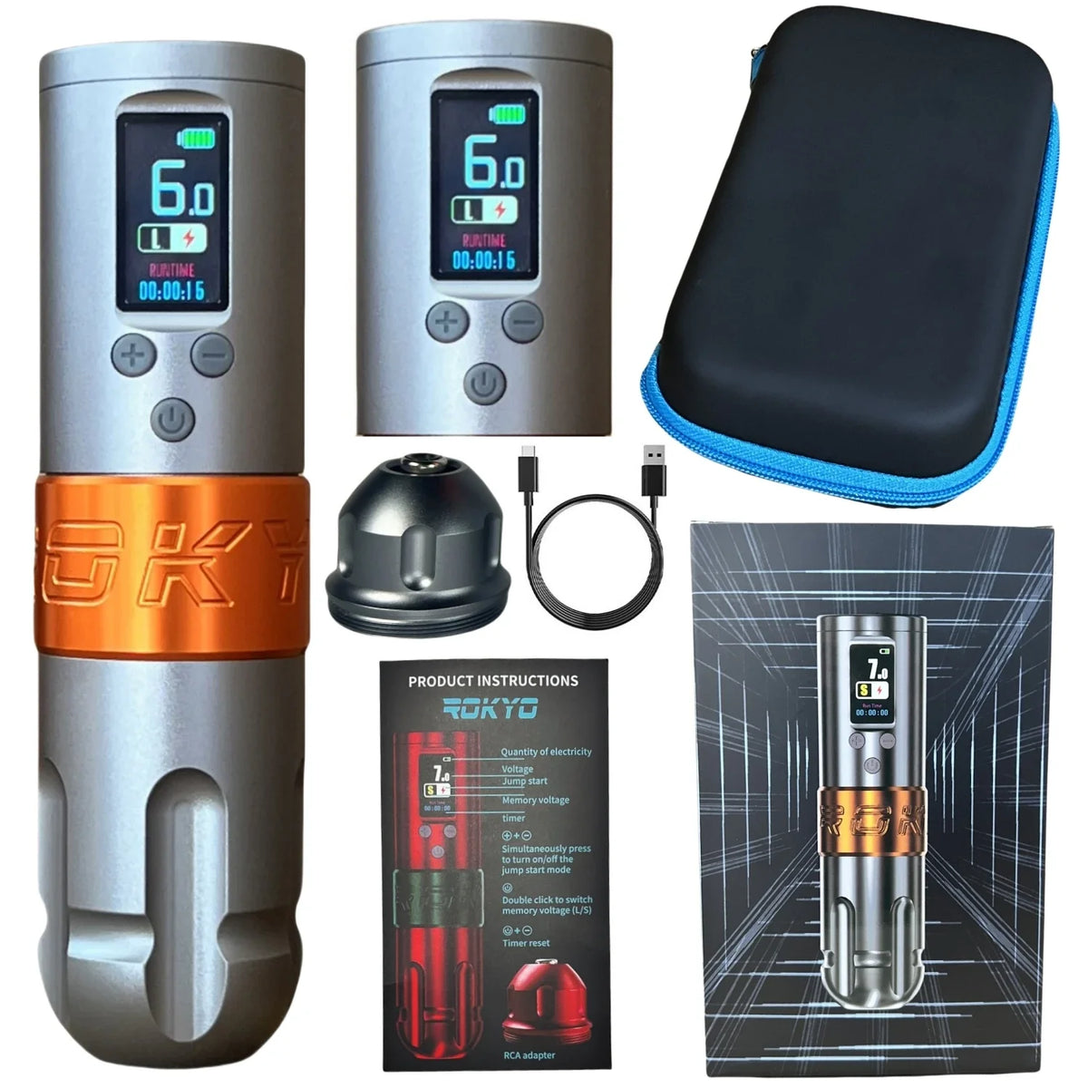 ROKYO Wireless Tattoo Pen Machine 4mm Stroke 1600mAh Brushless Tattoo Pen Machine Qme Grey Dual Battery USB Type-C