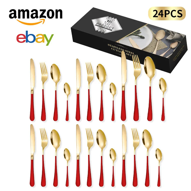 24-Piece Stainless Steel Cutlery Set – Steak Knife Fork Spoon Stainless Steel Flatware Set Qme A-24Pcs RedGold