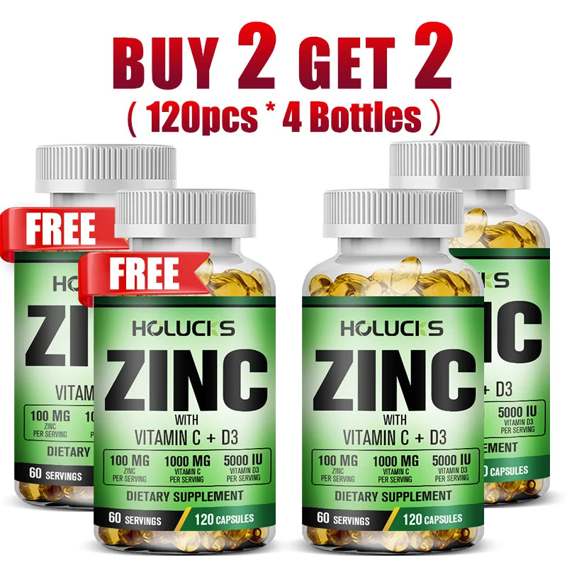 Zinc Supplement with Vitamin C & D3 – Immunity & Vitality BOGO Zinc Vitamin Supplement Qst 120pcs-4 Bottles