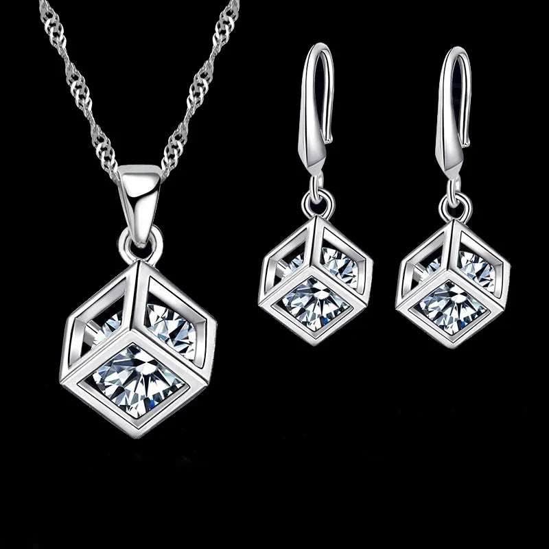 925 Sterling Silver Cubic Zirconia Necklace & Earring Set Silver Jewelry Set Qme Default Title