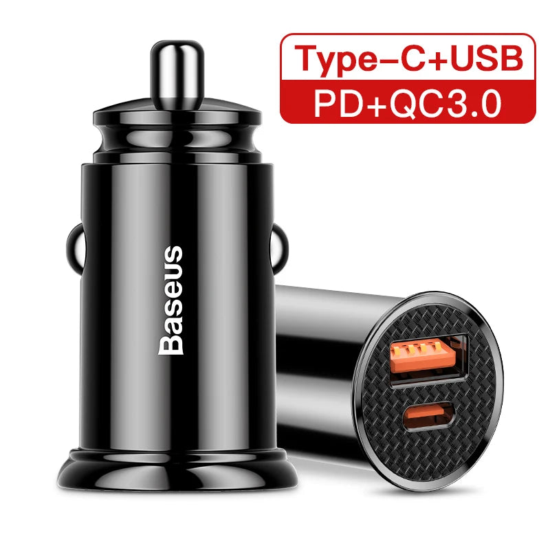 Baseus 30W Car Charger QC 4.0 PD USB-C Fast Charging Car Charger Qst New Type C USB