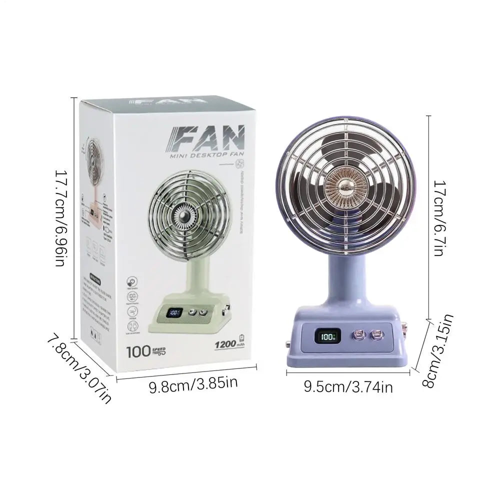 Retro Mini Desk Fan – 100-Speed USB Rechargeable & Digital Display Retro Desk Fan Qst Green USB Type-C