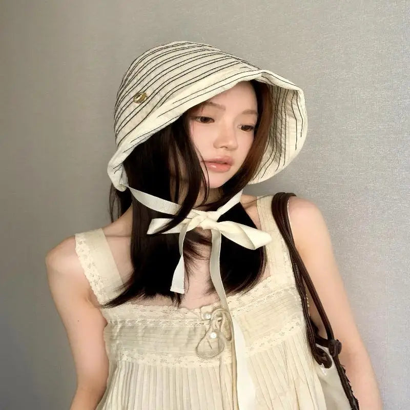 Women's Wide Brim Fisherman Hat – Foldable Striped Sun Hat Sun Hat Qst Beige