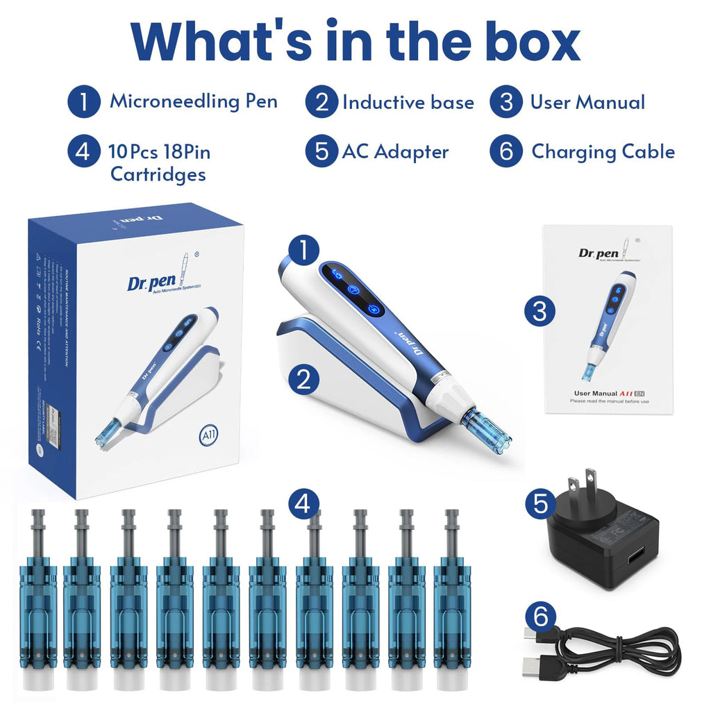 Dr. Pen A11 Wireless Microneedling Pen – 12 Cartridges Microneedling Pen Qst EU Pen add 10-18 pin