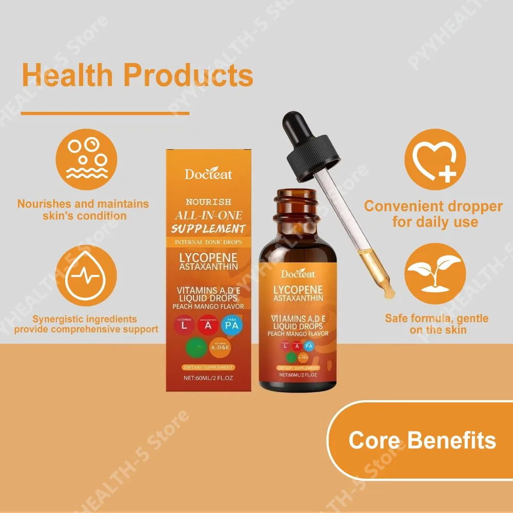 Docteat Skin Support Drops – Lycopene, Astaxanthin, Vitamins A D3 E Liquid Skin Supplement Qst