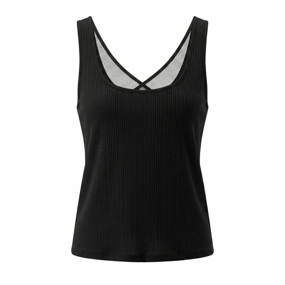Women's Deep V Neck Mesh Crop Top – Sleeveless Beachwear Mesh Crop Top Qme Black S