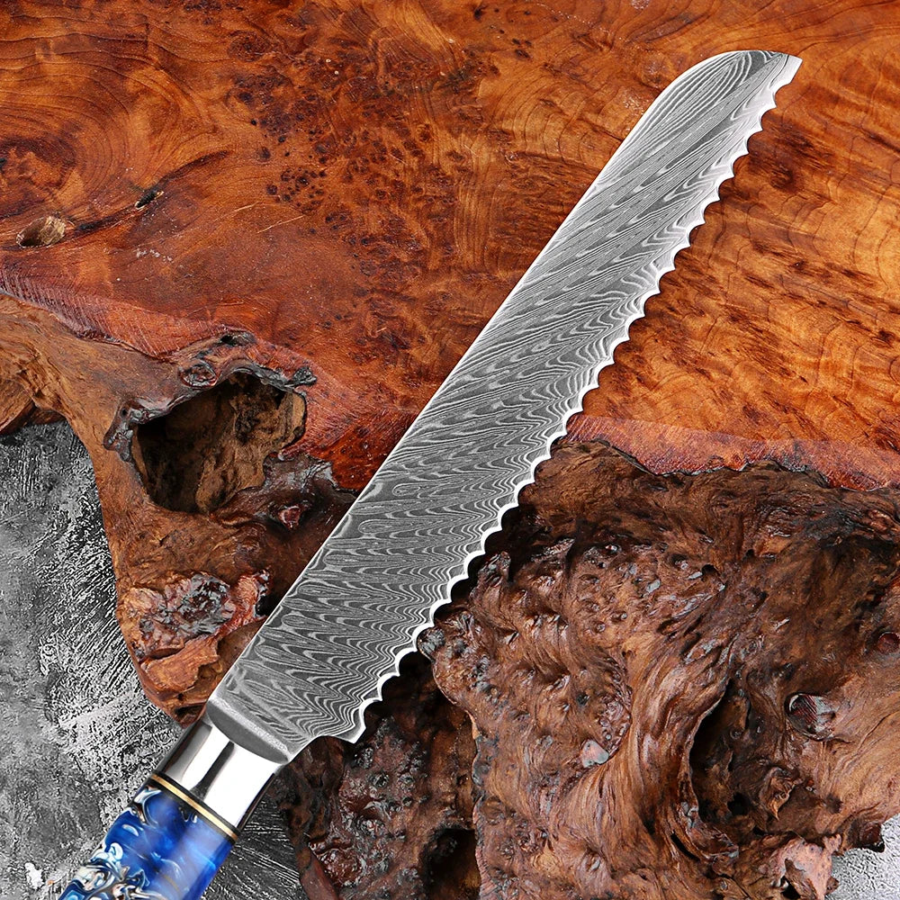 8-Inch Damascus Serrated Bread Knife – 67-Layer Steel Serrated Bread Knife Qst