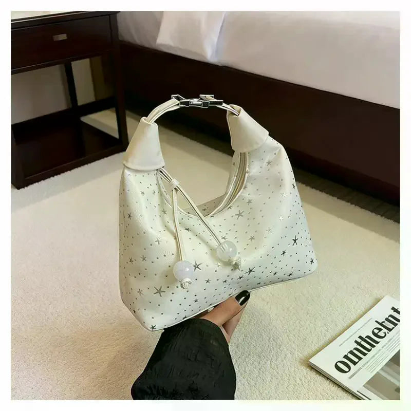 Sweet Sparkling Stars Nylon Shoulder Bag with Pearl Pendant Crossbody Shoulder Bag Qme