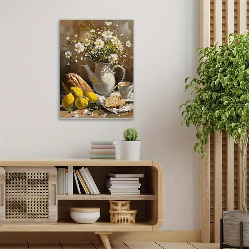 Modern Still Life Canvas Print – Daisies, Lemon & Coffee Wall Art Canvas Wall Art Qst