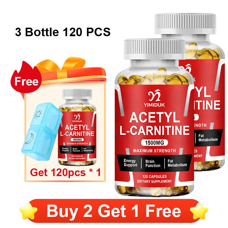Yimiduk 1500mg Acetyl L-Carnitine 120 Capsules | Energy & Focus Dietary Supplement Qst 3 x 120pcs Improve