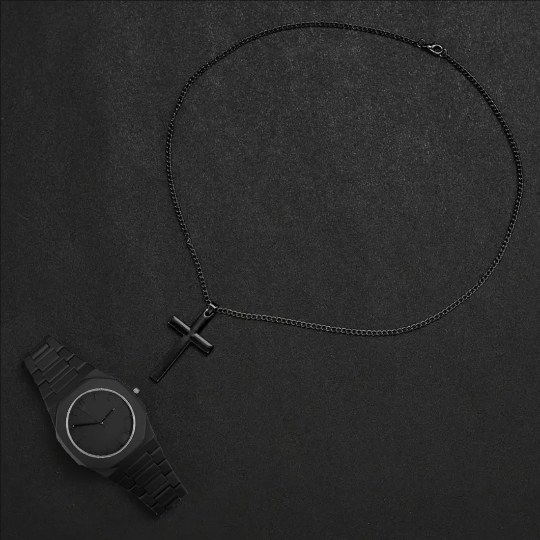 Men's All Black Octagonal Watch & Cross Necklace Set Watch & Necklace Set Qme