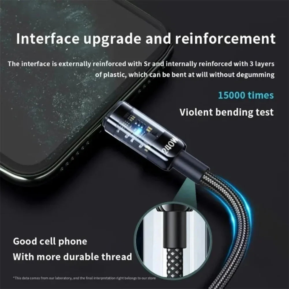 USB-C 240W 10A Fast Charging Cable with LED Light | QC3.0 USB-C Charging Cable Qme