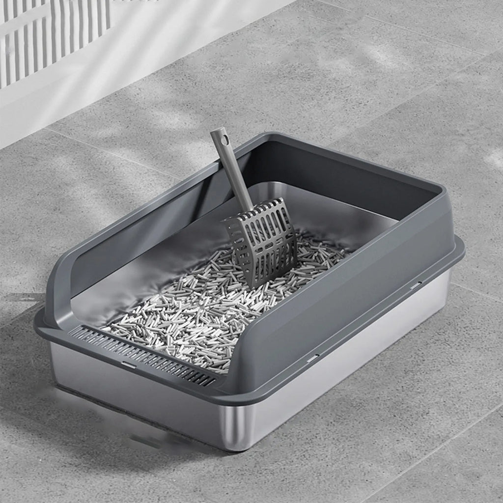 Stainless Steel Semi-Enclosed Cat Litter Box – Anti-Splash & Easy Clean Cat Litter Box Qme