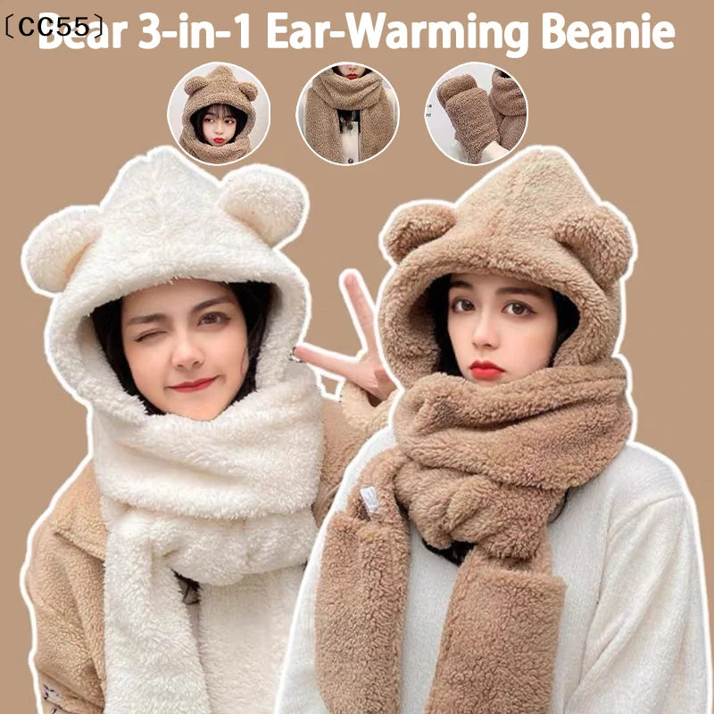 Cute Bear Ear Beanie Hat – Women's Plush Warm Winter Cap Winter Beanie Hat Qst
