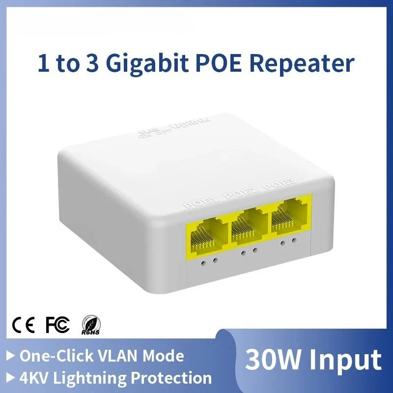 PoE Repeater 1-in 2/3-out Gigabit Network Extender for IP Cameras PoE Network Extender Qme 1 to 3 100Mbps