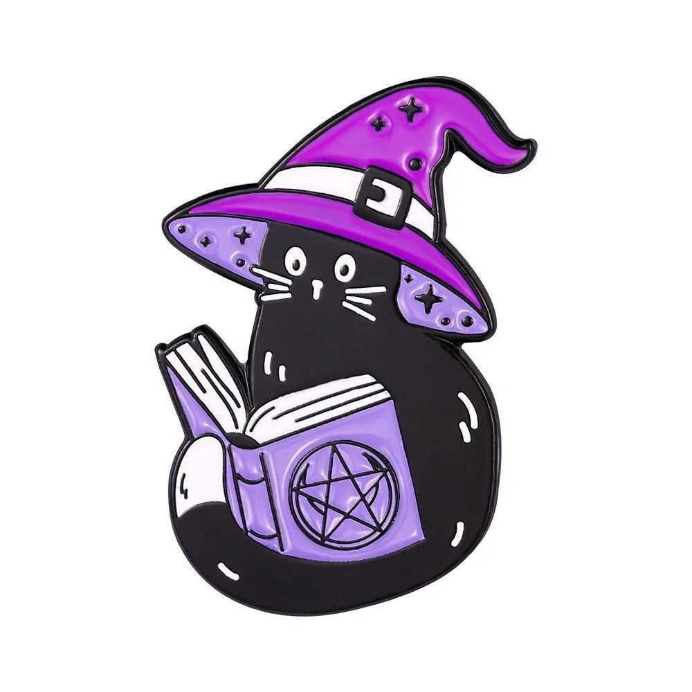 Witch Enamel Pin – Black Cat Magic Hat & Book Brooch Badge Enamel Lapel Pin Qme style 5