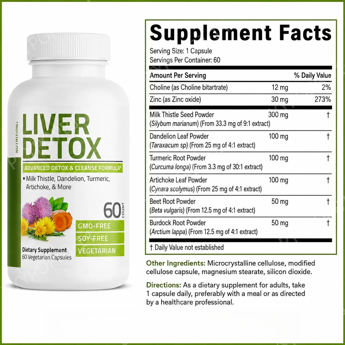 Liver Detox 60 Capsules – Milk Thistle & Dandelion Extract Herbal Supplement Qst