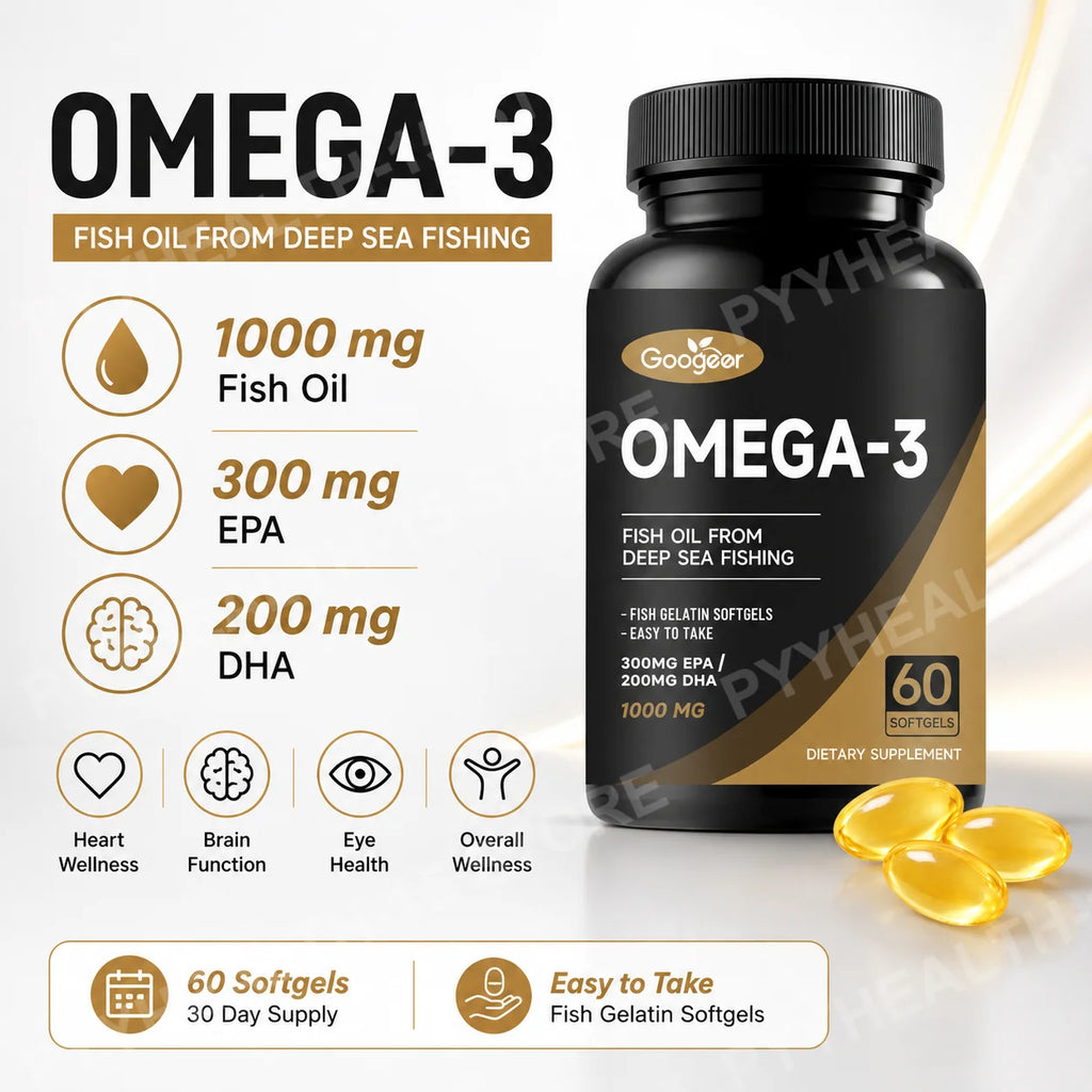 Googeer Omega-3 Fish Oil Softgels EPA 300mg DHA 200mg 60ct Fish Oil Supplement Qst