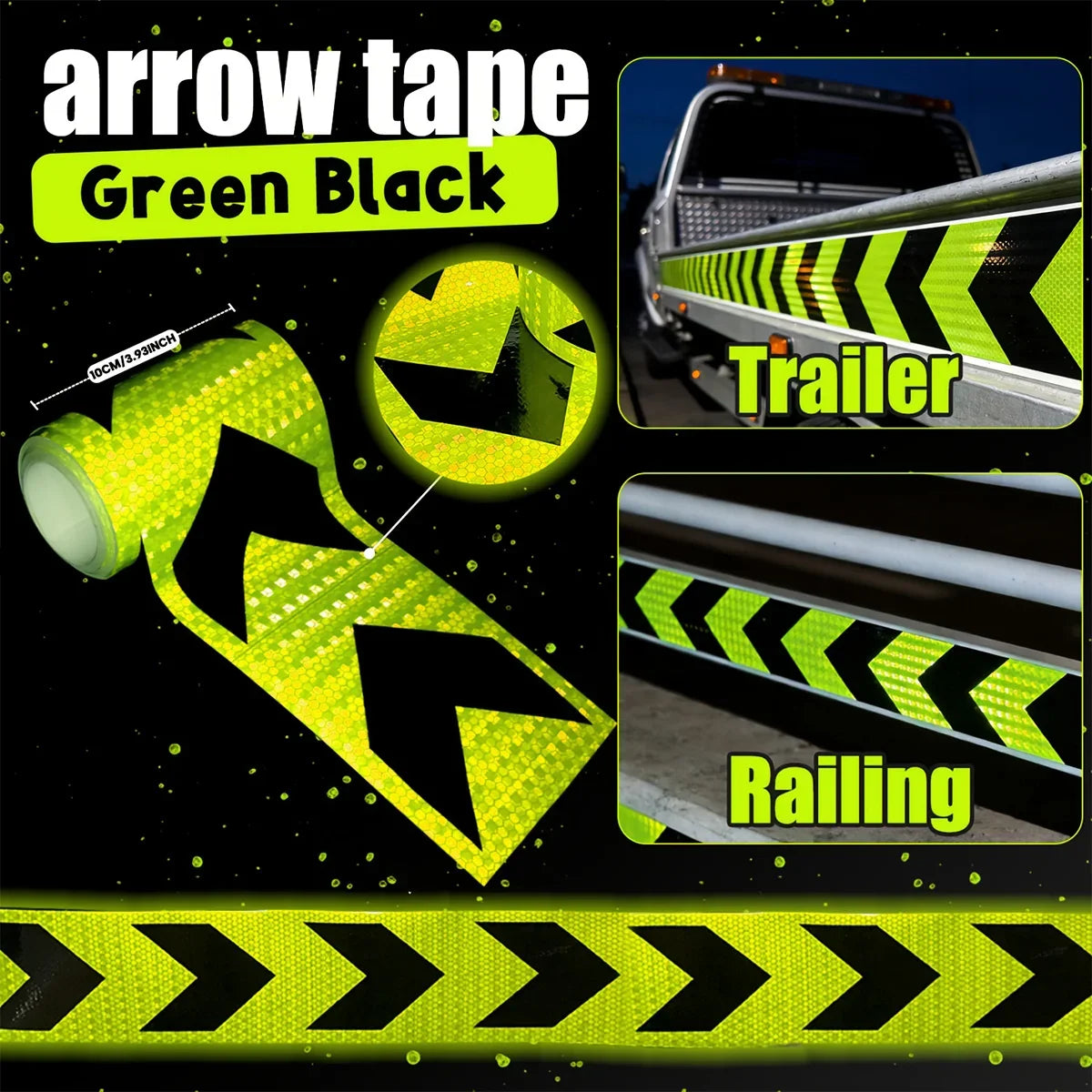 Waterproof Arrow Reflective Warning Tape Stickers | 5 Colors Reflective Safety Tape Qme Green Black 5m 10cm