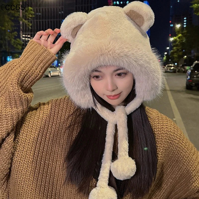 Women's Winter Plush Bear Ear Bucket Hat – Fluffy & Warm Winter Plush Hat Qst