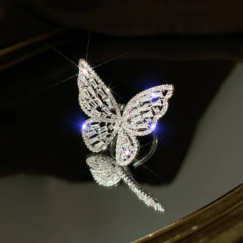 Silver Zircon Butterfly Open Ring – Adjustable Women's Cocktail Ring Cocktail Ring Qme