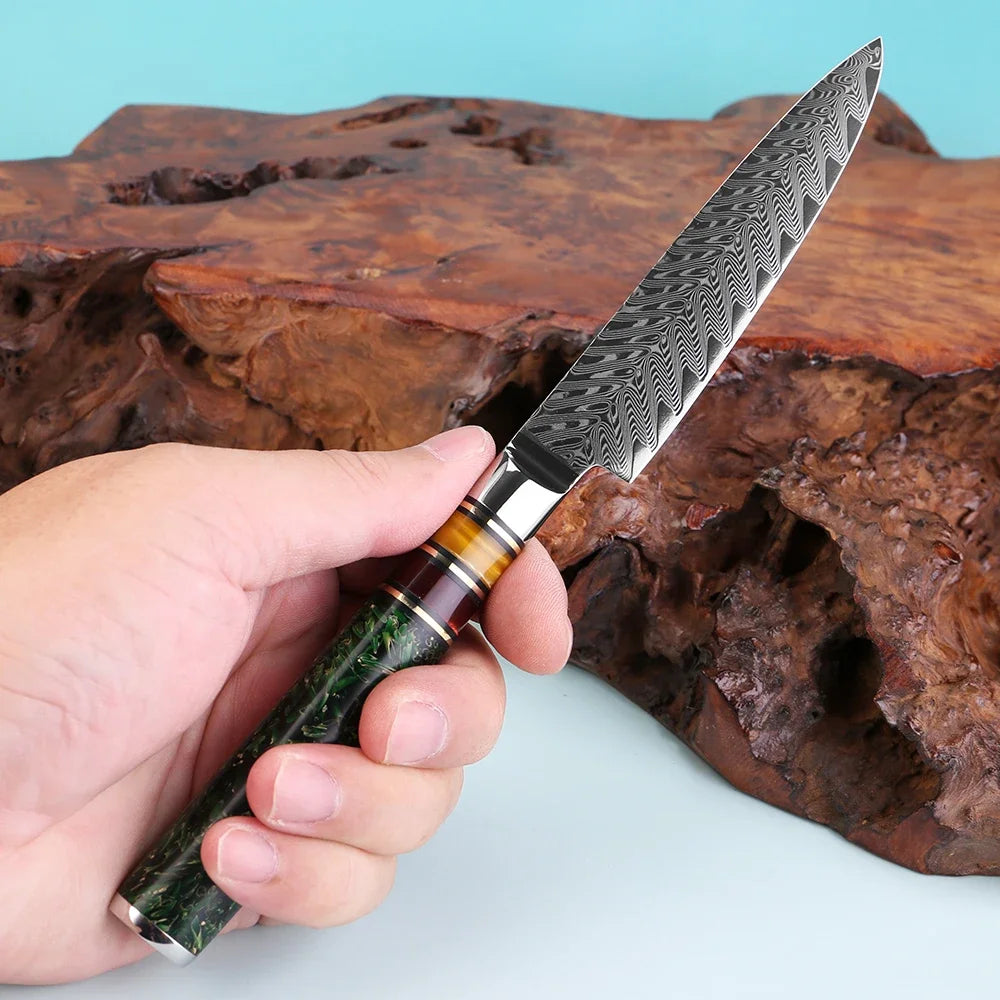 5-Inch Damascus Steel Utility Knife – Rice Husk Resin Handle Utility Kitchen Knife Qst