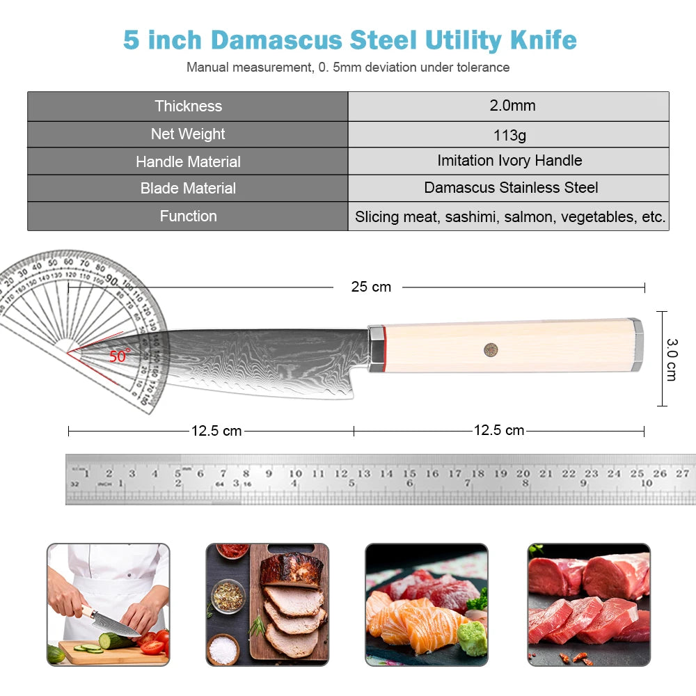 XITUO 5-Inch Damascus Steel Utility Knife – Ivory Handle Damascus Utility Knife Qst
