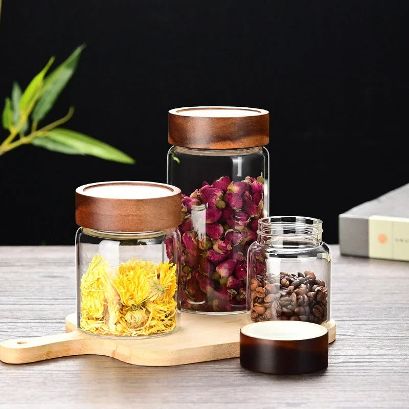 Glass Coffee Bean Storage Tube with Wooden Lid | 100–300ML Glass Storage Canister Qme