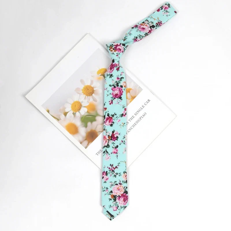 100% Cotton Floral Necktie – Elegant Flower Print, Men & Women Floral Cotton Necktie Qme