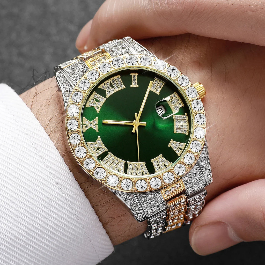 Men's Bling Quartz Watch, Necklace, Ring & Bracelet Set Men's Jewelry Set Qme