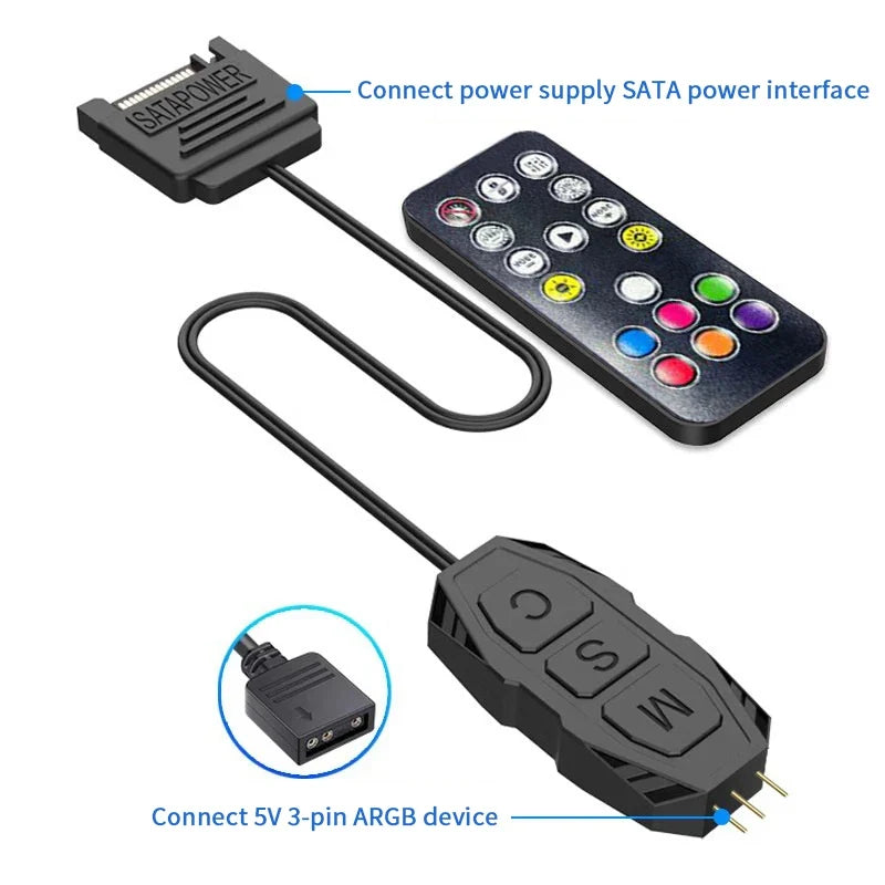 ARGB Controller 5V 3-Pin SATA Adapter for CPU Cooling Fan & LED RGB Fan Controller Qme