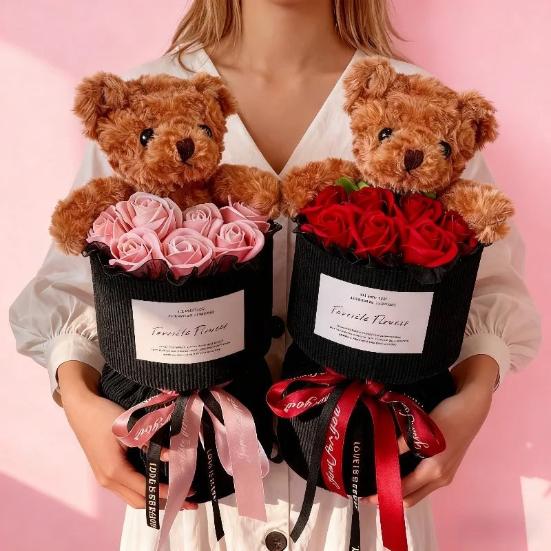 Rose Bear Bouquet Artificial Flowers – Cute Gift & Home Decor Artificial Flower Decor Qme