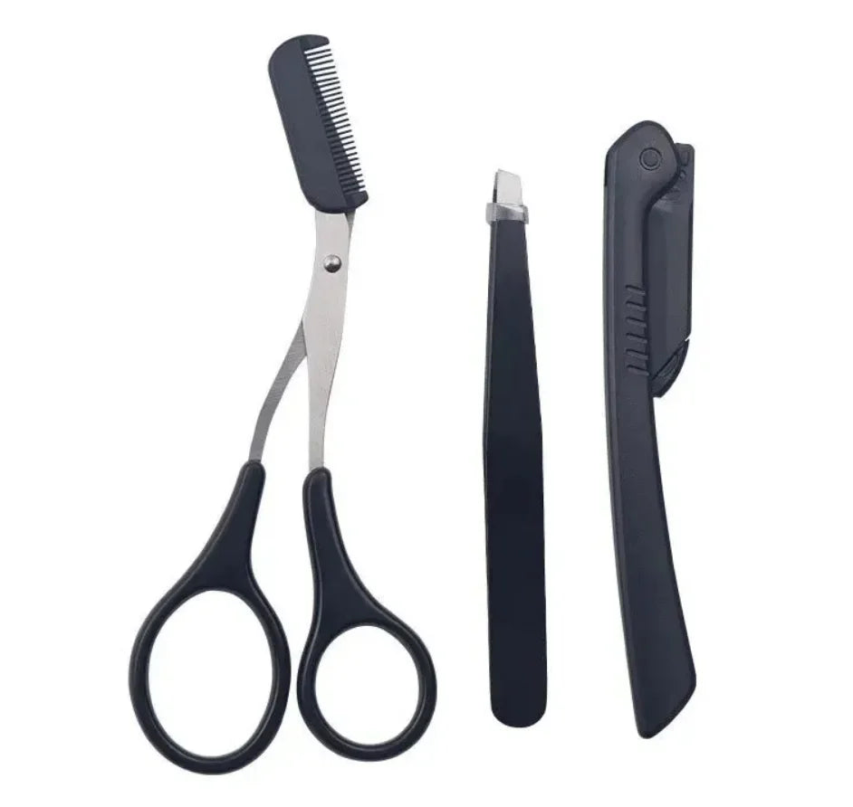 3-Piece Stainless Steel Eyebrow Trimmer Set – Clip, Comb & Scissors Eyebrow Grooming Set Qme