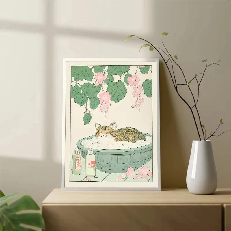 Japanese Cat Bathtub Canvas Print | Japandi Retro Wall Art Canvas Wall Art Qst