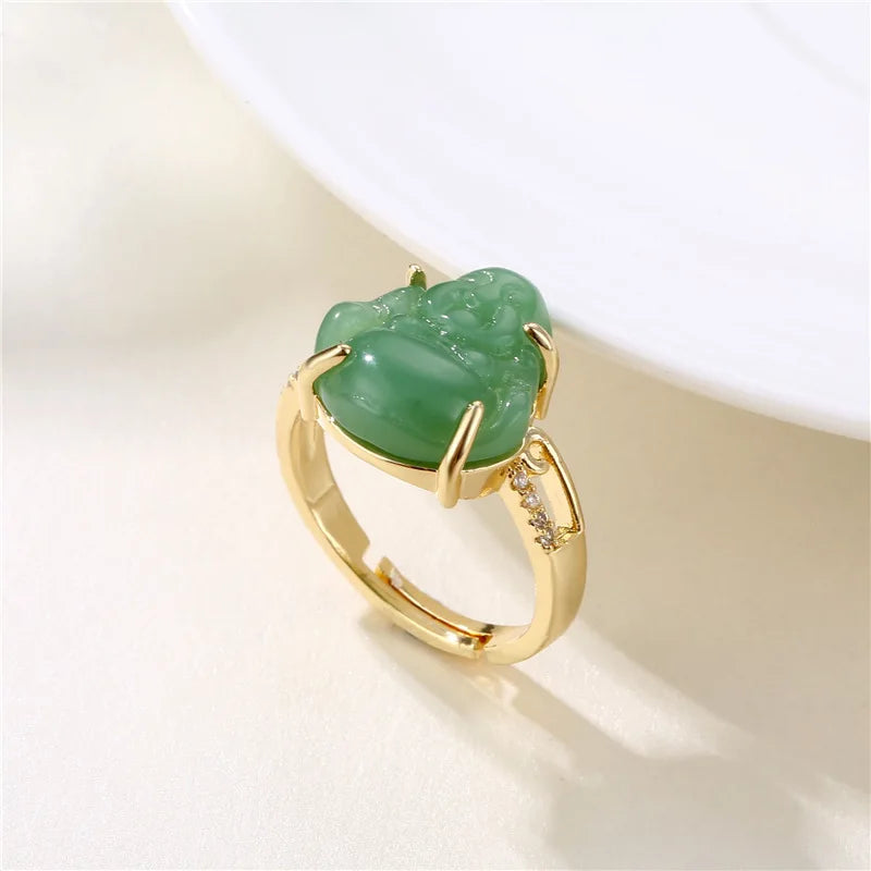 Maitreya Buddha Natural Jade Ring – Adjustable Unisex Natural Stone Ring Qme