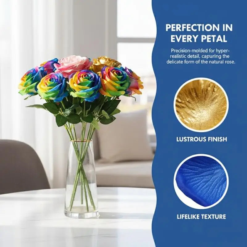 Colorful Realistic Touch Artificial Rainbow Roses | 7 Colors Artificial Flowers Qme