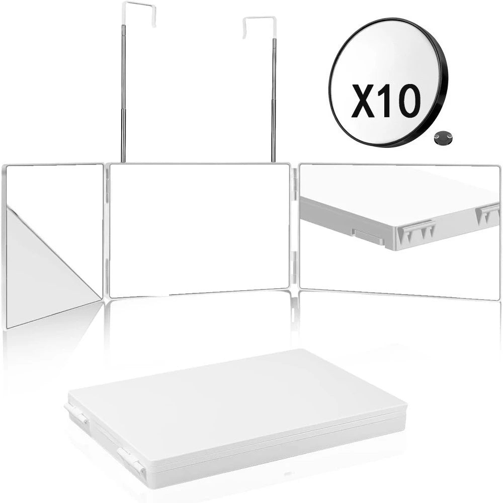 360° Trifold Travel Makeup Mirror with Adjustable Hook Trifold Vanity Mirror Qst White with 10X
