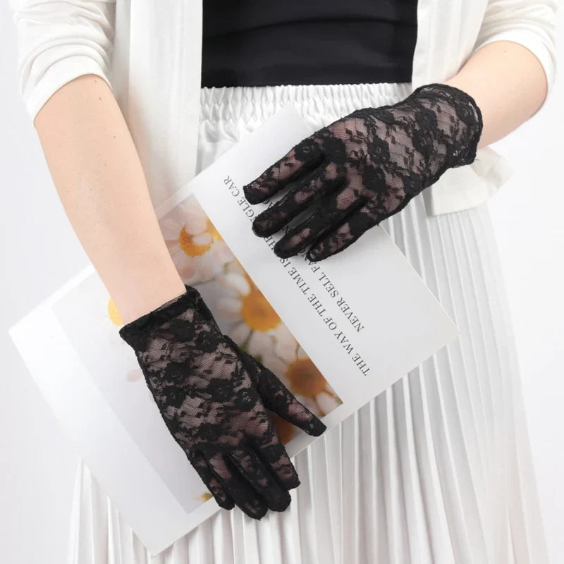 Women's Lace Tulle UV-Protection Short Driving Gloves | Summer Lace Driving Gloves Qme