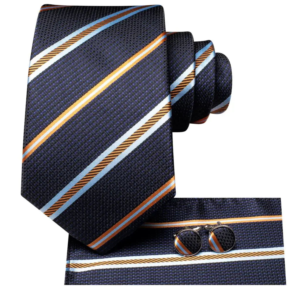 Hi-Tie Men's Striped Navy Blue Silk Necktie & Cufflinks Set Silk Necktie Gift Set Qme